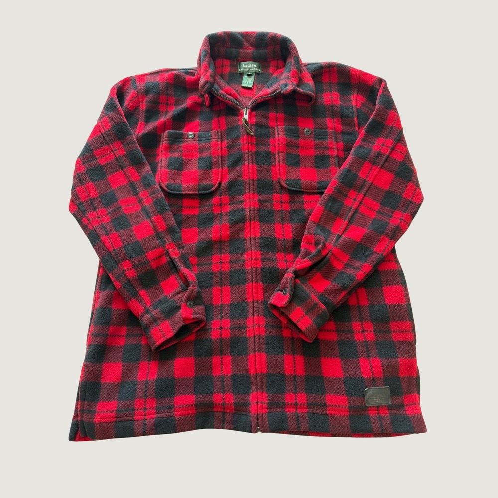 Lauren Ralph Lauren Red Black Buffalo Plaid Fleece Full Zip Jacket Womens Med